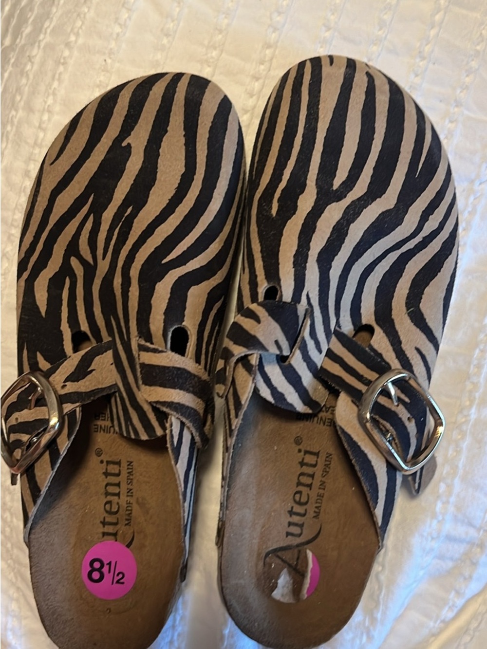 Queteni Zebra-Print Buckle Clog in Beige and Black